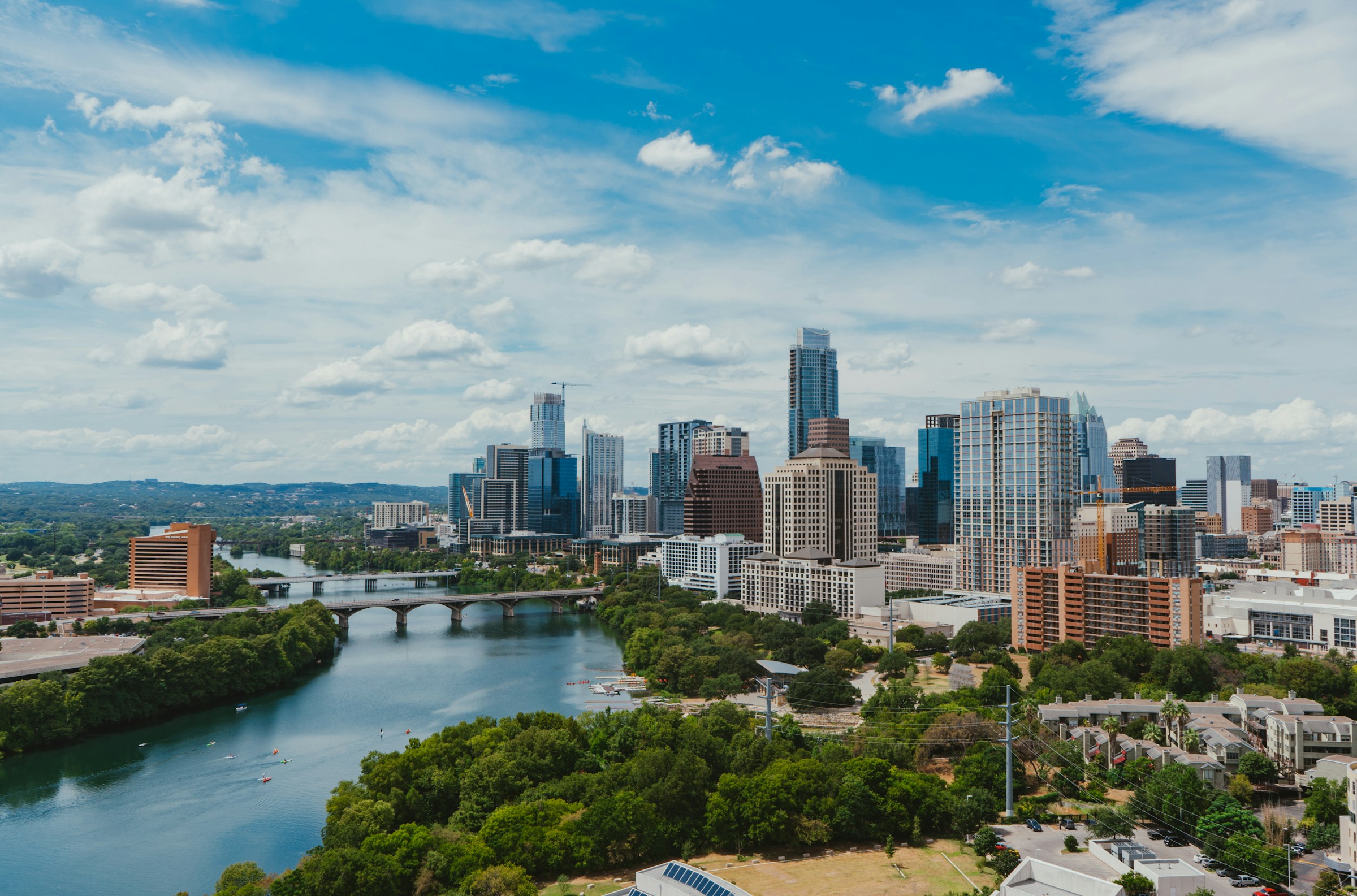 The river winding beneath the downtown Austin, Texas skyline