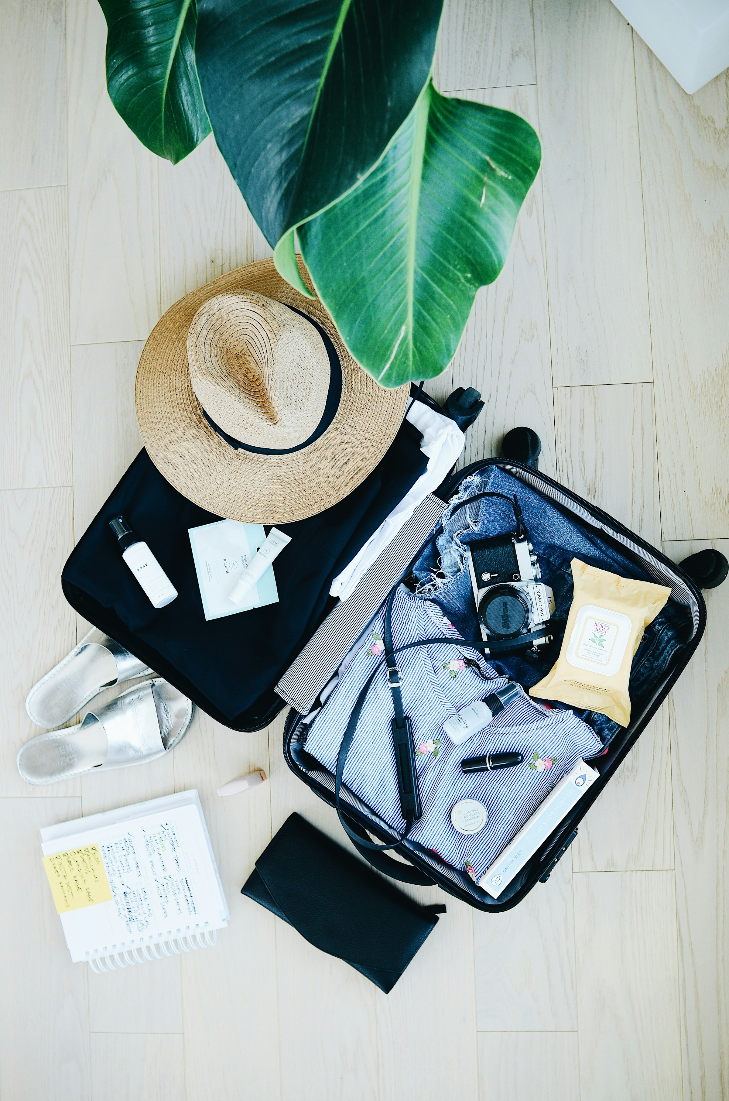 An open suitcase packed with travel essentials